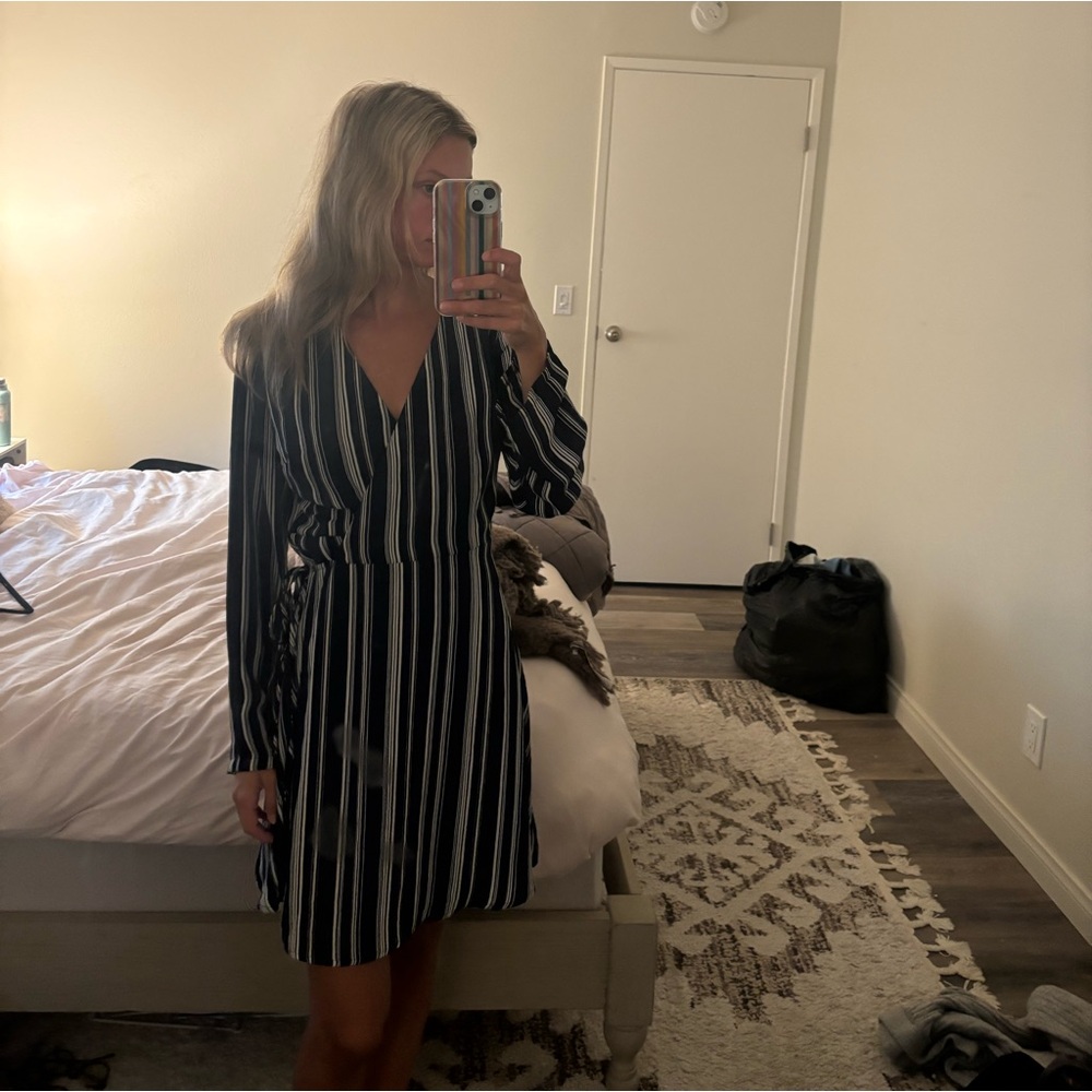 Striped Black and White Wrap Dress - Women's